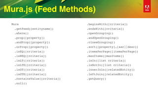 Mura.js (Feed Methods)
Mura
.getFeed([entityname])
.where()
.prop([property])
.andProp([property])
.orProp([property])
.isEQ([criteria])
.isNEQ([criteria])
.isLT([criteria])
.isLTE([criteria])
.isGT([criteria])
.isGTE([criteria])
.containsValue([criteria])
.null()
.beginsWith([criteria])
.endsWith([criteria])
.openGrouping()
.andOpenGrouping()
.closeGrouping()
.sort([property],[asc||desc])
.itemsPerPage([itemsPerPage])
.maxItems([maxItems])
.isIn([list criteria])
.isNotIn([list criteria])
.innerJoin([relatedEntity])
.leftJoin([relatedEntity])
.getQuery()
 