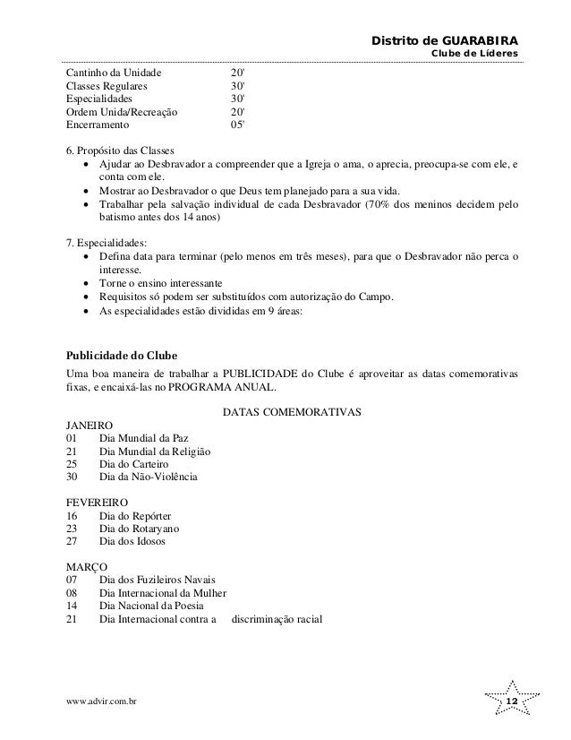 Distrito de GUARABIRA
Clube de Líderes
Cantinho da Unidade 20'
Classes Regulares 30'
Especialidades 30'
Ordem Unida/Recreação 20'
Encerramento 05'
6. Propósito das Classes
• Ajudar ao Desbravador a compreender que a Igreja o ama, o aprecia, preocupa-se com ele, e
conta com ele.
• Mostrar ao Desbravador o que Deus tem planejado para a sua vida.
• Trabalhar pela salvação individual de cada Desbravador (70% dos meninos decidem pelo
batismo antes dos 14 anos)
7. Especialidades:
• Defina data para terminar (pelo menos em três meses), para que o Desbravador não perca o
interesse.
• Torne o ensino interessante
• Requisitos só podem ser substituídos com autorização do Campo.
• As especialidades estão divididas em 9 áreas:
Publicidade do Clube
Uma boa maneira de trabalhar a PUBLICIDADE do Clube é aproveitar as datas comemorativas
fixas, e encaixá-las no PROGRAMA ANUAL.
DATAS COMEMORATIVAS
JANEIRO
01 Dia Mundial da Paz
21 Dia Mundial da Religião
25 Dia do Carteiro
30 Dia da Não-Violência
FEVEREIRO
16 Dia do Repórter
23 Dia do Rotaryano
27 Dia dos Idosos
MARÇO
07 Dia dos Fuzileiros Navais
08 Dia Internacional da Mulher
14 Dia Nacional da Poesia
21 Dia Internacional contra a discriminação racial
www.advir.com.br 12
 