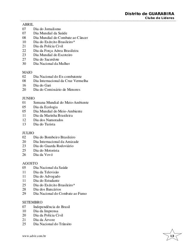 Distrito de GUARABIRA
Clube de Líderes
ABRIL
07 Dia do Jornalismo
07 Dia Mundial da Saúde
08 Dia Mundial do Combate ao Câncer
10 Dia do Exército Brasileiro*
21 Dia da Polícia Civil
22 Dia da Força Aérea Brasileira
23 Dia Mundial do Escoteiro
27 Dia do Sacerdote
30 Dia Nacional da Mulher
MAIO
02 Dia Nacional do Ex-combatente
08 Dia Internacional da Cruz Vermelha
16 Dia do Gari
20 Dia do Comissário de Menores
JUNHO
01 Semana Mundial do Meio-Ambiente
05 Dia da Ecologia
05 Dia Mundial do Meio-Ambiente
11 Dia da Marinha Brasileira
12 Dia dos Namorados
13 Dia do Turista
JULHO
02 Dia do Bombeiro Brasileiro
20 Dia Internacional da Amizade
23 Dia do Guarda Rodoviário
25 Dia do Motorista
26 Dia da Vovó
AGOSTO
05 Dia Nacional da Saúde
11 Dia da Televisão
11 Dia do Advogado
11 Dia do Estudante
25 Dia do Exército Brasileiro*
28 Dia dos Bancários
29 Dia Nacional do Combate ao Fumo
SETEMBRO
07 Independência do Brasil
10 Dia da Imprensa
20 Dia da Polícia Civil
21 Dia da Árvore
25 Dia Nacional do Trânsito
www.advir.com.br 13
 