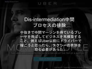 Dis-intermediation中間
プロセスの排除
中抜きで中間マージンを得ているプレ
ーヤを飛ばしてビジネスを再構築する
こと、例えばUber以前にドライバーで
稼ごうと思ったら、タクシーの免許を
取る必要があった。
Copyright 2017 Masayuki Tadokoro All rights reserved
Startup Science 2017
 