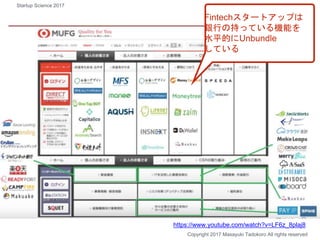 Fintechスタートアップは
銀行の持っている機能を
水平的にUnbundle
している
Copyright 2017 Masayuki Tadokoro All rights reserved
https://www.youtube.com/watch?v=LF6z_8plaj8
Startup Science 2017
 