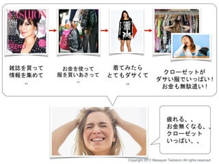 雑誌を買って
情報を集めて
,,
お金を使って
服を買いあさって
,,
着てみたら
とてもダサくて
,,
クローゼットが
ダサい服でいっぱい !
お金も無駄遣い !
疲れる、、
お金無くなる、、
クローゼット
いっぱい、、
Copyright 2017 Masayuki Tadokoro All rights reserved
 