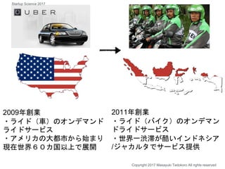 2011年創業
・ライド（バイク）のオンデマン
ドライドサービス
・世界一渋滞が酷いインドネシア
/ジャカルタでサービス提供
2009年創業
・ライド（車）のオンデマンド
ライドサービス
・アメリカの大都市から始まり
現在世界６０カ国以上で展開
Copyright 2017 Masayuki Tadokoro All rights reserved
Startup Science 2017
 