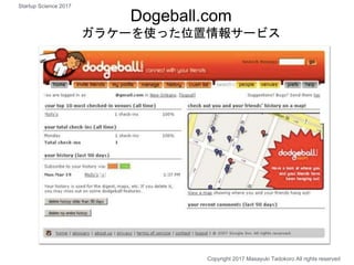 Copyright 2017 Masayuki Tadokoro All rights reserved
Dogeball.com
ガラケーを使った位置情報サービス
Startup Science 2017
 