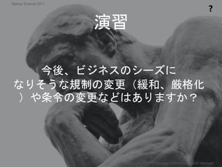 演習
❓
Copyright 2017 Masayuki Tadokoro All rights reserved
今後、ビジネスのシーズに
なりそうな規制の変更（緩和、厳格化
）や条令の変更などはありますか？
Startup Science 2017
 
