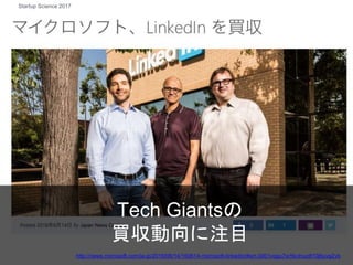 Tech Giantsの
買収動向に注目
Copyright 2017 Masayuki Tadokoro All rights reserved
http://news.microsoft.com/ja-jp/2016/06/14/160614-microsoft-linkedin/#sm.0001vqgu7sr5kctnuo810j6uvg2vb
Startup Science 2017
 