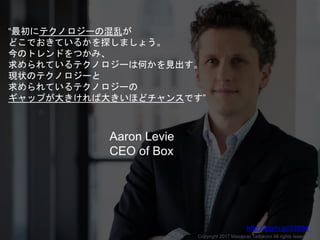 “最初にテクノロジーの混乱が
どこでおきているかを探しましょう。
今のトレンドをつかみ、
求められているテクノロジーは何かを見出す。
現状のテクノロジーと
求められているテクノロジーの
ギャップが大きければ大きいほどチャンスです”
Aaron Levie
CEO of Box
http://logmi.jp/33684
Copyright 2017 Masayuki Tadokoro All rights reserved
 