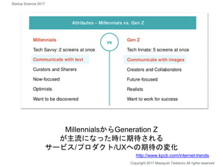 MillennialsからGeneration Z
が主流になった時に期待される
サービス/プロダクト/UXへの期待の変化
http://www.kpcb.com/internet-trends
Copyright 2017 Masayuki Tadokoro All rights reserved
Startup Science 2017
 