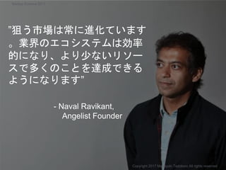 ”狙う市場は常に進化ています
。業界のエコシステムは効率
的になり、より少ないリソー
スで多くのことを達成できる
ようになります”
- Naval Ravikant,
Angelist Founder
Copyright 2017 Masayuki Tadokoro All rights reserved
Startup Science 2017
 