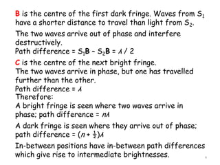 B is the centre of the first dark fringe. Waves from S1
have a shorter distance to travel than light from S2.
The two waves arrive out of phase and interfere
destructively.
Path difference = S1B – S2B = λ / 2
C is the centre of the next bright fringe.
The two waves arrive in phase, but one has travelled
further than the other.
Path difference = λ
Therefore:
A bright fringe is seen where two waves arrive in
phase; path difference = nλ
A dark fringe is seen where they arrive out of phase;
path difference = (n + ½)λ
In-between positions have in-between path differences
which give rise to intermediate brightnesses. 4
 