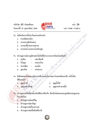 รหัสวิชา 02 สังคมศึกษา
วันเสาร์ที่ 25 กุมภาพันธ์ 2549 เวลา 15.00 - 17.00 น.
หน้า 20
72. ข้อใดเป็นการใช้ประโยชน์จากหินแปร
1. การผลิตครกหิน
2. การแกะสลักหินอ่อน
3. การถมที่ด้วยกรวดทราย
4. การก่อสร้างอาคารด้วยหินปูน
73. ปรากฏการณ์ทางภูมิศาสตร์ข้อใดที่มีกระบวนการเกิดคล้ายคลึงกัน
1. เสาดิน - แพะเมืองผี
2. โป่งยุบ - เขากระโดง
3. เสาเฉลียง - ผาแต้ม
4. ภูผาเทิบ - แก่งตะนะ
74. อิทธิพลของลักษณะภูมิอากาศที่แห้งแล้งในภาคตะวันออกเฉียงเหนือ ก่อให้เกิด
พิธีกรรมใด
1. บุญข้าวจี่ 2. บุญบั้งไฟ
3. บุญกุ้มข้าวใหญ่ 4. บุญแห่ปราสาทผึ้ง
75. ปรากฏการณ์ใดเกี่ยวข้องกับพิธีสารเกียวโต ซึ่งเป็นข้อตกลงและผูกมัดตามกฎหมาย
ในระดับโลก
1. ปรากฏการณ์เอลนีโญ
2. ปรากฏการณ์ลานีญา
3. ปรากฏการณ์เรือนกระจก
4. ปรากฏการณ์คลื่นยักษ์สึนามิ
 