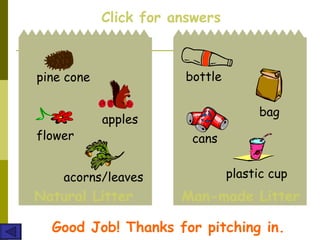 Natural Litter Man-made Litter Click for answers Good Job! Thanks for pitching in. pine cone flower acorns/leaves apples cans bottle plastic cup bag 