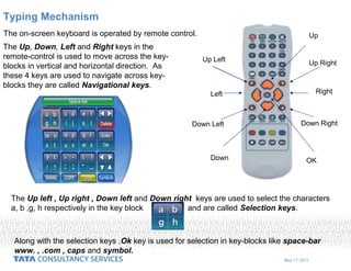 May 17, 2015
Typing Mechanism
Up Left Up Right
Down RightDown Left
Down OK
Left Right
Up
The Up, Down, Left and Right keys in the
remote-control is used to move across the key-
blocks in vertical and horizontal direction. As
these 4 keys are used to navigate across key-
blocks they are called Navigational keys.
The Up left , Up right , Down left and Down right keys are used to select the characters
a, b ,g, h respectively in the key block and are called Selection keys.
The on-screen keyboard is operated by remote control.
Along with the selection keys ,Ok key is used for selection in key-blocks like space-bar
www. , .com , caps and symbol.
 