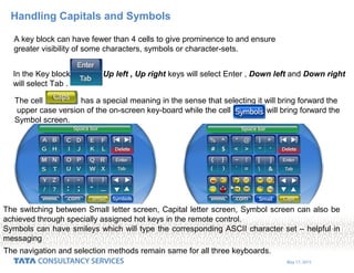 May 17, 2015
Handling Capitals and Symbols
A key block can have fewer than 4 cells to give prominence to and ensure
greater visibility of some characters, symbols or character-sets.
In the Key block Up left , Up right keys will select Enter , Down left and Down right
will select Tab .
The cell has a special meaning in the sense that selecting it will bring forward the
upper case version of the on-screen key-board while the cell will bring forward the
Symbol screen.
The switching between Small letter screen, Capital letter screen, Symbol screen can also be
achieved through specially assigned hot keys in the remote control.
Symbols can have smileys which will type the corresponding ASCII character set – helpful in
messaging
The navigation and selection methods remain same for all three keyboards.
 