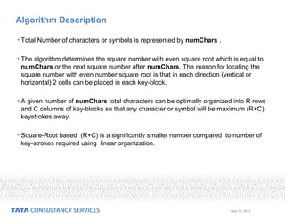 May 17, 2015
Algorithm Description
• Total Number of characters or symbols is represented by numChars .
• The algorithm determines the square number with even square root which is equal to
numChars or the next square number after numChars. The reason for locating the
square number with even number square root is that in each direction (vertical or
horizontal) 2 cells can be placed in each key-block.
• A given number of numChars total characters can be optimally organized into R rows
and C columns of key-blocks so that any character or symbol will be maximum (R+C)
keystrokes away.
• Square-Root based (R+C) is a significantly smaller number compared to number of
key-strokes required using linear organization.
 