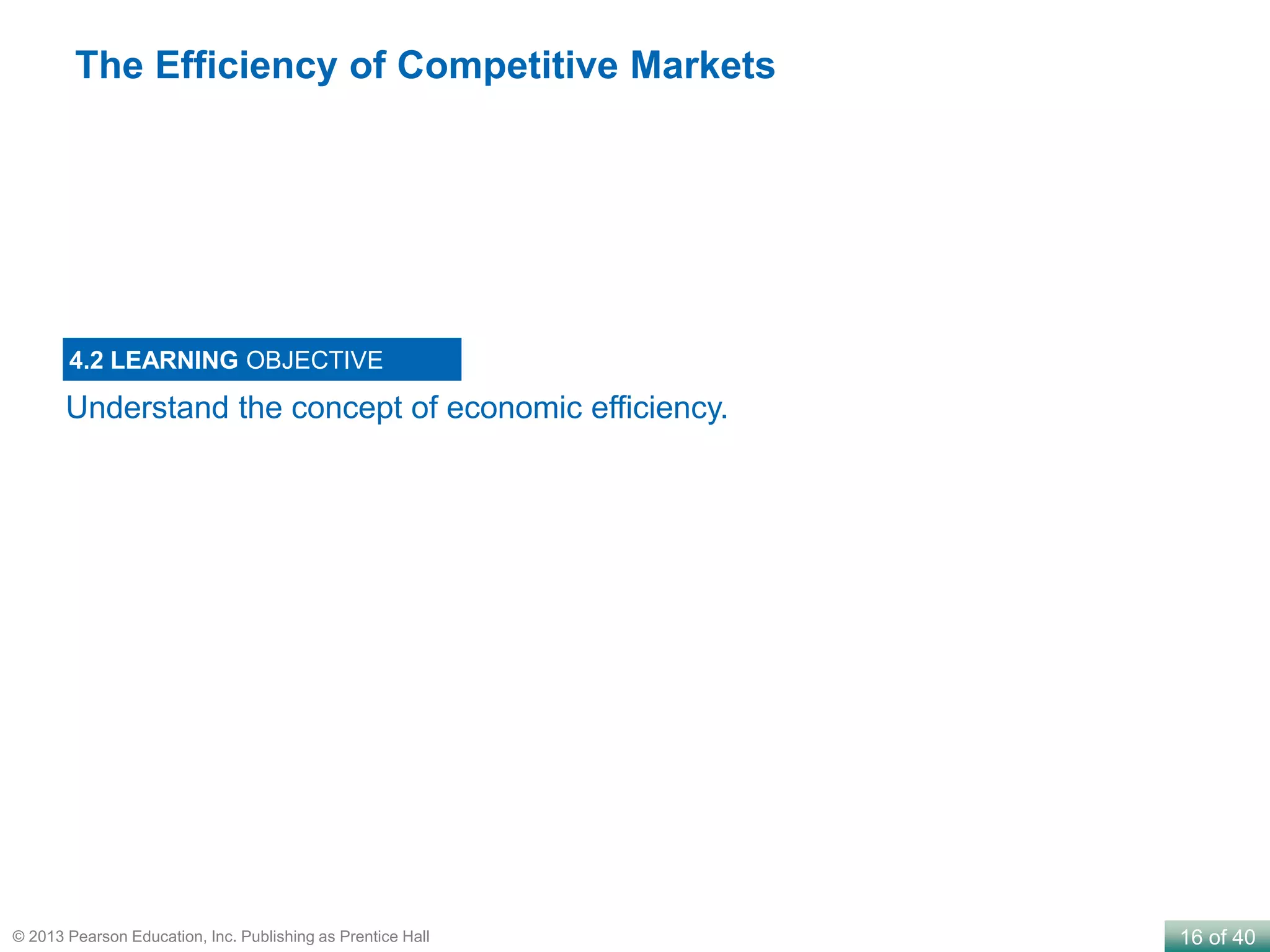 16 of 40© 2013 Pearson Education, Inc. Publishing as Prentice Hall
Understand the concept of economic efficiency.
4.2 LEARNING OBJECTIVE
The Efficiency of Competitive Markets
 