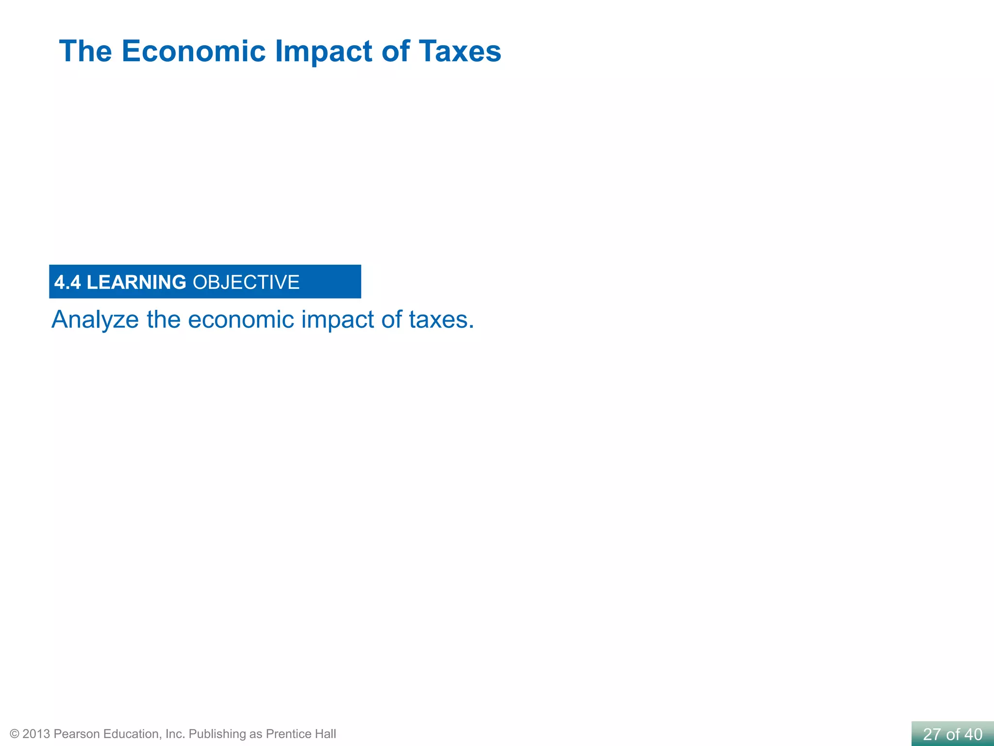 27 of 40© 2013 Pearson Education, Inc. Publishing as Prentice Hall
Analyze the economic impact of taxes.
4.4 LEARNING OBJECTIVE
The Economic Impact of Taxes
 