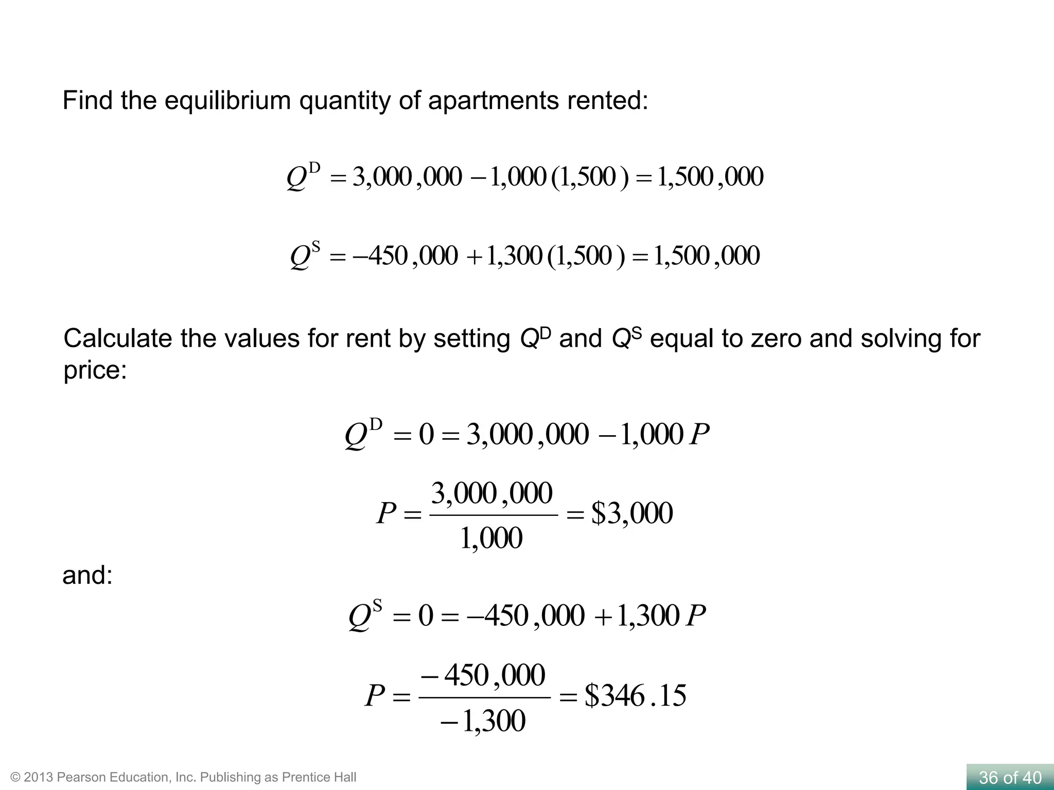 36 of 40© 2013 Pearson Education, Inc. Publishing as Prentice Hall
and:
PQ 000,1000,000,30D

000,3$
000,1
000,000,3
P
PQ 300,1000,4500S

15.346$
300,1
000,450



P
Calculate the values for rent by setting QD and QS equal to zero and solving for
price:
Find the equilibrium quantity of apartments rented:
000,500,1)500,1(000,1000,000,3D
Q
000,500,1)500,1(300,1000,450S
Q
 