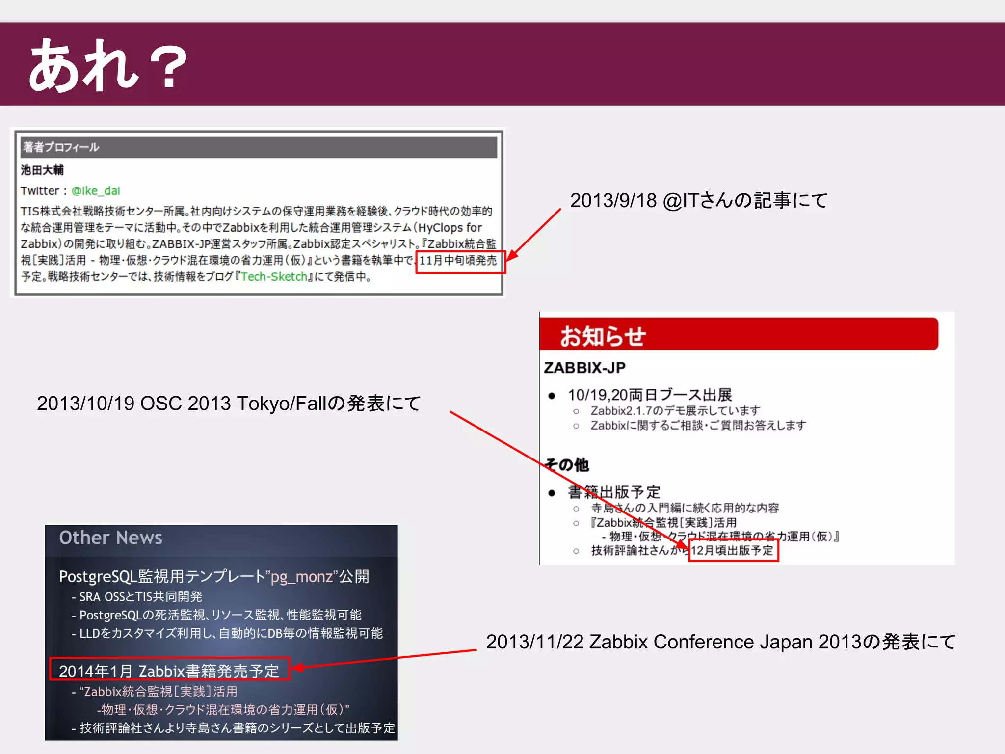 あれ？
2013/9/18 @ITさんの記事にて
2013/10/19 OSC 2013 Tokyo/Fallの発表にて
2013/11/22 Zabbix Conference Japan 2013の発表にて
 