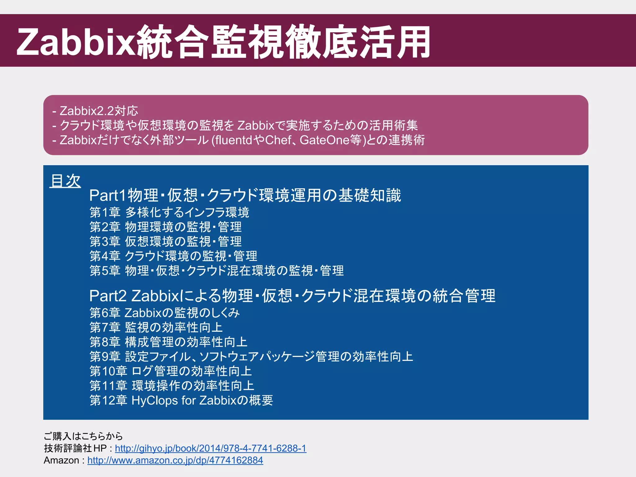 Zabbix統合監視徹底活用
- Zabbix2.2対応
- クラウド環境や仮想環境の監視を Zabbixで実施するための活用術集
- Zabbixだけでなく外部ツール (fluentdやChef、GateOne等)との連携術
目次
Part1物理・仮想・クラウド環境運用の基礎知識
第1章 多様化するインフラ環境
第2章 物理環境の監視・管理
第3章 仮想環境の監視・管理
第4章 クラウド環境の監視・管理
第5章 物理・仮想・クラウド混在環境の監視・管理
Part2 Zabbixによる物理・仮想・クラウド混在環境の統合管理
第6章 Zabbixの監視のしくみ
第7章 監視の効率性向上
第8章 構成管理の効率性向上
第9章 設定ファイル、ソフトウェアパッケージ管理の効率性向上
第10章 ログ管理の効率性向上
第11章 環境操作の効率性向上
第12章 HyClops for Zabbixの概要
ご購入はこちらから
技術評論社HP : http://gihyo.jp/book/2014/978-4-7741-6288-1
Amazon : http://www.amazon.co.jp/dp/4774162884
 