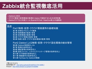 Zabbix統合監視徹底活用
- Zabbix2.2対応
- クラウド環境や仮想環境の監視を Zabbixで実施するための活用術集
- Zabbixだけでなく外部ツール (fluentdやChef、GateOne等)との連携術
目次
Part1物理・仮想・クラウド環境運用の基礎知識
第1章 多様化するインフラ環境
第2章 物理環境の監視・管理
第3章 仮想環境の監視・管理
第4章 クラウド環境の監視・管理
第5章 物理・仮想・クラウド混在環境の監視・管理
Part2 Zabbixによる物理・仮想・クラウド混在環境の統合管理
第6章 Zabbixの監視のしくみ
第7章 監視の効率性向上
第8章 構成管理の効率性向上
第9章 設定ファイル、ソフトウェアパッケージ管理の効率性向上
第10章 ログ管理の効率性向上
第11章 環境操作の効率性向上
第12章 HyClops for Zabbixの概要
ご購入はこちらから
技術評論社HP : http://gihyo.jp/book/2014/978-4-7741-6288-1
Amazon : http://www.amazon.co.jp/dp/4774162884
 