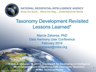1
Taxonomy Development Revisited
Lessons Learned*
Marcie Zaharee, PhD
Data Harmony User Conference
February 2014
mzaharee@mitre.org
1
*Fahsi, A., Zaharee, M. (2013). Framework for Developing an Intelligence
Reconnaissance and Surveillance (ISR) Operations Taxonomy.
MITRE Technical ReportApproved for Public Release
 