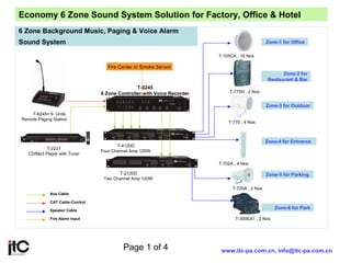Page 1 of 4
6 Zone Background Music, Paging & Voice Alarm
Sound System
www.itc-pa.com.cn, info@itc-pa.com.cn
Fire Center or Smoke Sensor
Zone-1 for Office
Zone-2 for
Restaurant & Bar
Zone-3 for Outdoor
Zone-4 for Entrance
Zone-5 for Parking
Zone-6 for Park
T-6245× 6 Units
Remote Paging Station
T-2221
CD/Mp3 Player with Tuner
T-6245
6 Zone Controller with Voice Recorder
T-2120D
Two Channel Amp 120W
T-4120D
Four Channel Amp 120W
T-105CA , 16 Nos
T-775H , 2 Nos
T-770 , 4 Nos
T-702A , 4 Nos
T-720A , 2 Nos
T-300EA1 , 2 Nos
Aux Cable
CAT Cable-Control
Speaker Cable
Fire Alarm Input
Economy 6 Zone Sound System Solution for Factory, Office & Hotel
 