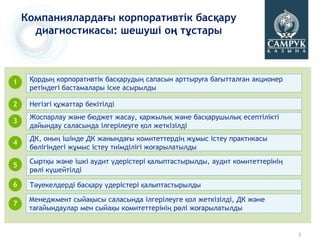 Компаниялардағы корпоративтік басқару
      диагностикасы: шешуші оң тұстары



1    Қордың корпоративтік басқарудың сапасын арттыруға бағытталған акционер
     ретіндегі бастамалары іске асырылды

2    Негізгі құжаттар бекітілді
     Жоспарлау және бюджет жасау, қаржылық және басқарушылық есептілікті
3
     дайындау саласында ілгерілеуге қол жеткізілді
     ДК, оның ішінде ДК жанындағы комитеттердің жұмыс істеу практикасы
4
     бөлігіндегі жұмыс істеу тиімділігі жоғарылатылды

     Сыртқы және ішкі аудит үдерістері қалыптастырылды, аудит комитеттерінің
5
     рөлі күшейтілді

6    Тәуекелдерді басқару үдерістері қалыптастырылды

     Менеджмент сыйақысы саласында ілгерілеуге қол жеткізілді, ДК және
7
     тағайындаулар мен сыйақы комитеттерінің рөлі жоғарылатылды


                                                                               3
 