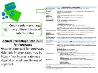 it   Card
   Cred                                                                    Interest Rates and Interest Charges
                                      Annual Percentage       12.99%, 13.99% or 14.99%, introductory APR for one year, based on your
                                      Rate (APR) for          creditworthiness.
                                      Purchases               After that, your APR will be 14.99%. This is a variable-rate APR that will vary with the
                                                              market based on the Prime Rate.
                                      APR for Balance         15.99%
                                      Transfers               •This APR will vary with the market based on the Prime Rate
                                      APR for Cash            21.99%
                                      Advances                •This APR will vary with the market based on the Prime Rate
                                      Penalty APR and         28.99%
                                      When it Applies         This APR may be applied to your account if you:
                                                              1.Make a late payment;
                                                              2.Go over your credit limit;

            Credit cards may charge
                                                              3.Make a payment that is returned; or
                                                              4.Do any of the above on another account that you have with us.
                                                              How long will the Penalty APR apply? If your APR’s are increased for any of these

            many different types of
                                                              reasons, the Penalty APR will apply until you make six consecutive minimum payments
                                                              when due.
                                      How to Avoid Paying     Your due date is at least 25 days after the close of each billing cycle. We will not charge

                 interest rates
                                      Interest on             you any interest on purchases if you pay your entire balance by the due date each
                                      Purchases               month.
                                      Minimum Interest        If you are charged interest, the charge will be no less than $1.50.
                                      Charge
                                      For Credit Card Tips    To learn more about factors to consider when applying for or using a credit card, visit the
                                      from the Federal        website of the Federal Reserve Board at http://www.federalreserve.gov/creditcard

  Annual Percentage Rate (APR)        Reserve Board

                                      Set-up and
                                                                                              Fees
                                                               NOTICE: Some of these set-up and maintenance fees will be assessed before you begin

            for Purchases             Maintenance Fees         using your card and will reduce the amount of credit you initially have available. For
                                                               example, if you are assigned the minimum credit limit of $250, initial available credit will
                                                               be only about $209.

•Interest rate paid for purchases                              •Annual Fee: $20
                                                               •Account Set-up Fee: $20 (one-time fee)
                                                               •Participation Fee: $12 annually ($1 per month)

•Multiple interest rates may be       Transaction Fees
                                                               •Additional Card Fee: $5 annually (if applicable)
                                                               •        Balance Transfer: Either $5 or 3% of the amount of each transfer, whichever is
                                                                        greater (maximum fee: $100)

listed - final interest rate may                               •

                                                               •
                                                                        Cash Advance: Either $5 or 3% of the amount of each cash advance, whichever
                                                                        is greater
                                                                        Foreign Transaction: 2% of each transaction in U.S. dollars

depend on creditworthiness of         Penalty Fees             •

                                                               •
                                                                        Late Payment: $29 if balance is less than or equal to $1000 OR $35 if balance is
                                                                        more than $1000
                                                                        Over-the-limit: $29

applicant                                                      •        Returned Payment: $35
                                      * How We Will Calculate Your Balance: We use a method called “average daily balance (including new
                                      purchases).”
                                      * Loss of Introductory APR- We may end your introductory APR and apply the Penalty APR if you become more
                                      than 60 days late in paying your bill
 