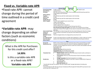 Fixed vs. Variable-rate APR
                                                                       Interest Rates and Interest Charges
•Fixed-rate APR- cannot           Annual Percentage
                                  Rate (APR) for
                                                          12.99%, 13.99% or 14.99%, introductory APR for one year, based on your
                                                          creditworthiness.


change during the period of
                                  Purchases               After that, your APR will be 14.99%. This is a variable-rate APR that will vary with the
                                                          market based on the Prime Rate.
                                  APR for Balance         15.99%


time outlined in a credit card
                                  Transfers               •This APR will vary with the market based on the Prime Rate
                                  APR for Cash            21.99%
                                  Advances                •This APR will vary with the market based on the Prime Rate


agreement
                                  Penalty APR and         28.99%
                                  When it Applies         This APR may be applied to your account if you:
                                                          1.Make a late payment;
                                                          2.Go over your credit limit;
                                                          3.Make a payment that is returned; or
                                                          4.Do any of the above on another account that you have with us.

•Variable-rate APR- may
                                                          How long will the Penalty APR apply? If your APR’s are increased for any of these
                                                          reasons, the Penalty APR will apply until you make six consecutive minimum payments
                                                          when due.

change depending on other
                                  How to Avoid Paying     Your due date is at least 25 days after the close of each billing cycle. We will not charge
                                  Interest on             you any interest on purchases if you pay your entire balance by the due date each
                                  Purchases               month.


factors (such as economic
                                  Minimum Interest        If you are charged interest, the charge will be no less than $1.50.
                                  Charge
                                  For Credit Card Tips    To learn more about factors to consider when applying for or using a credit card, visit the

conditions)
                                  from the Federal        website of the Federal Reserve Board at http://www.federalreserve.gov/creditcard
                                  Reserve Board
                                                                                          Fees
                                  Set-up and               NOTICE: Some of these set-up and maintenance fees will be assessed before you begin
                                  Maintenance Fees         using your card and will reduce the amount of credit you initially have available. For

  What is the APR for Purchases                            example, if you are assigned the minimum credit limit of $250, initial available credit will
                                                           be only about $209.
                                                           •Annual Fee: $20
   for this credit card offer?                             •Account Set-up Fee: $20 (one-time fee)
                                                           •Participation Fee: $12 annually ($1 per month)
                                                           •Additional Card Fee: $5 annually (if applicable)
               14.99%             Transaction Fees         •        Balance Transfer: Either $5 or 3% of the amount of each transfer, whichever is
                                                                    greater (maximum fee: $100)
                                                           •        Cash Advance: Either $5 or 3% of the amount of each cash advance, whichever

    Is this a variable-rate APR                            •
                                                                    is greater
                                                                    Foreign Transaction: 2% of each transaction in U.S. dollars
                                  Penalty Fees             •        Late Payment: $29 if balance is less than or equal to $1000 OR $35 if balance is
        or a fixed-rate APR?                               •
                                                                    more than $1000
                                                                    Over-the-limit: $29
                                                           •        Returned Payment: $35
       Variable-rate APR          * How We Will Calculate Your Balance: We use a method called “average daily balance (including new
                                  purchases).”
                                  * Loss of Introductory APR- We may end your introductory APR and apply the Penalty APR if you become more
                                  than 60 days late in paying your bill
 