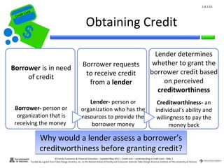 1.4.1.G1
         ard rd
    die C a
   eCrt dit C

                                                                      Obtaining Credit
Cr




                                                                                                                                      Lender determines
                                                                   Borrower requests                                                 whether to grant the
Borrower is in need
                                                                    to receive credit                                               borrower credit based
     of credit
                                                                     from a lender                                                       on perceived
                                                                                                                                       creditworthiness
                                                                     Lender- person or                                                     Creditworthiness- an
  Borrower- person or                                             organization who has the                                                individual’s ability and
   organization that is                                           resources to provide the                                                 willingness to pay the
  receiving the money                                                 borrower money                                                             money back

                          Why would a lender assess a borrower’s
                          creditworthiness before granting credit?
                                        © Family Economics & Financial Education – Updated May 2011 – Credit Unit – Understanding a Credit Card – Slide 3
                  Funded by a grant from Take Charge America, Inc. to the Norton School of Family and Consumer Sciences Take Charge America Institute at The University of Arizona
 