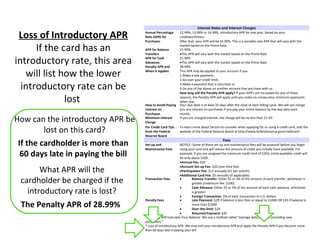 Interest Rates and Interest Charges

 Loss of Introductory APR           Annual Percentage
                                    Rate (APR) for
                                    Purchases
                                                            12.99%, 13.99% or 14.99%, introductory APR for one year, based on your
                                                            creditworthiness.
                                                            After that, your APR will be 14.99%. This is a variable-rate APR that will vary with the

      If the card has an            APR for Balance
                                    Transfers
                                                            market based on the Prime Rate.
                                                            15.99%
                                                            •This APR will vary with the market based on the Prime Rate

introductory rate, this area        APR for Cash
                                    Advances
                                    Penalty APR and
                                                            21.99%
                                                            •This APR will vary with the market based on the Prime Rate
                                                            28.99%

   will list how the lower          When it Applies         This APR may be applied to your account if you:
                                                            1.Make a late payment;
                                                            2.Go over your credit limit;

  introductory rate can be                                  3.Make a payment that is returned; or
                                                            4.Do any of the above on another account that you have with us.
                                                            How long will the Penalty APR apply? If your APR’s are increased for any of these

              lost                  How to Avoid Paying
                                                            reasons, the Penalty APR will apply until you make six consecutive minimum payments
                                                            when due.
                                                            Your due date is at least 25 days after the close of each billing cycle. We will not charge
                                    Interest on             you any interest on purchases if you pay your entire balance by the due date each
                                    Purchases               month.
How can the introductory APR be     Minimum Interest
                                    Charge
                                                            If you are charged interest, the charge will be no less than $1.50.


         lost on this card?         For Credit Card Tips
                                    from the Federal
                                                            To learn more about factors to consider when applying for or using a credit card, visit the
                                                            website of the Federal Reserve Board at http://www.federalreserve.gov/creditcard
                                    Reserve Board

 If the cardholder is more than     Set-up and
                                                                                            Fees
                                                             NOTICE: Some of these set-up and maintenance fees will be assessed before you begin
                                    Maintenance Fees         using your card and will reduce the amount of credit you initially have available. For
  60 days late in paying the bill                            example, if you are assigned the minimum credit limit of $250, initial available credit will
                                                             be only about $209.
                                                             •Annual Fee: $20

       What APR will the
                                                             •Account Set-up Fee: $20 (one-time fee)
                                                             •Participation Fee: $12 annually ($1 per month)
                                                             •Additional Card Fee: $5 annually (if applicable)
 cardholder be charged if the       Transaction Fees         •        Balance Transfer: Either $5 or 3% of the amount of each transfer, whichever is
                                                                      greater (maximum fee: $100)

   introductory rate is lost?
                                                             •        Cash Advance: Either $5 or 3% of the amount of each cash advance, whichever
                                                                      is greater
                                                             •        Foreign Transaction: 2% of each transaction in U.S. dollars
                                    Penalty Fees             •        Late Payment: $29 if balance is less than or equal to $1000 OR $35 if balance is
 The Penalty APR of 28.99%                                   •
                                                                      more than $1000
                                                                      Over-the-limit: $29
                                                             •        Returned Payment: $35
                                    * How We Will Calculate Your Balance: We use a method called “average daily balance (including new
                                    purchases).”
                                    * Loss of Introductory APR- We may end your introductory APR and apply the Penalty APR if you become more
                                    than 60 days late in paying your bill
 