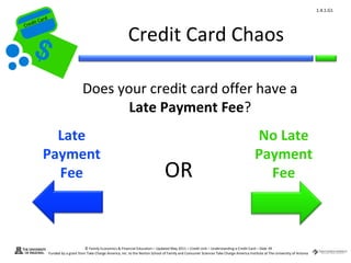 1.4.1.G1
         ard rd
    die C a
   eCrt dit C

                                                                   Credit Card Chaos
Cr




                                      Does your credit card offer have a
                                             Late Payment Fee?
              Late                                                                                                                               No Late
            Payment                                                                                                                              Payment
              Fee                                                                        OR                                                        Fee



                                        © Family Economics & Financial Education – Updated May 2011 – Credit Unit – Understanding a Credit Card – Slide 39
                  Funded by a grant from Take Charge America, Inc. to the Norton School of Family and Consumer Sciences Take Charge America Institute at The University of Arizona
 