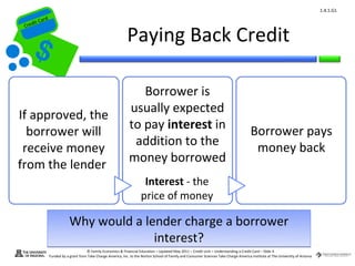 1.4.1.G1
         ard rd
    die C a
   eCrt dit C

                                                                 Paying Back Credit
Cr




                                                                     Borrower is
                                                                  usually expected
If approved, the
                                                                  to pay interest in                                                        Borrower pays
  borrower will
                                                                   addition to the                                                           money back
 receive money
                                                                  money borrowed
from the lender
                                                                          Interest - the
                                                                         price of money

                              Why would a lender charge a borrower
                                            interest?
                                        © Family Economics & Financial Education – Updated May 2011 – Credit Unit – Understanding a Credit Card – Slide 4
                  Funded by a grant from Take Charge America, Inc. to the Norton School of Family and Consumer Sciences Take Charge America Institute at The University of Arizona
 