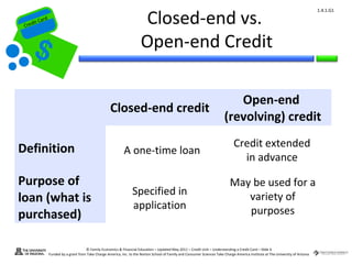 Closed-end vs.
                                                                                                                                                                                     1.4.1.G1
         ard rd
Cr  die C a
   eCrt dit C



                                                                          Open-end Credit

                                                                                                                                Open-end
                                                       Closed-end credit
                                                                                                                             (revolving) credit

Definition                                                                                                                         Credit extended
                                                                A one-time loan
                                                                                                                                     in advance

Purpose of                                                                                                                       May be used for a
                                                                     Specified in
loan (what is                                                                                                                       variety of
                                                                     application                                                    purposes
purchased)

                                        © Family Economics & Financial Education – Updated May 2011 – Credit Unit – Understanding a Credit Card – Slide 6
                  Funded by a grant from Take Charge America, Inc. to the Norton School of Family and Consumer Sciences Take Charge America Institute at The University of Arizona
 