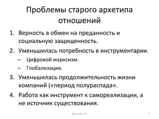 Проблемы старого архетипа отношений Верность в обмен на преданность и социальную защищенность. Уменьшилась потребность в инструментарии. Цифровой марксизм.  Глобализация.  Уменьшилась продолжительность жизни компаний («период полураспада». Работа как инструмент к самореализации, а не источник существования.  Данилова Е.В. 
