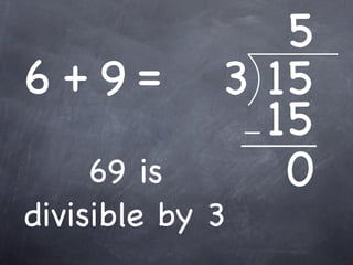 5
6 +9=        3 15
               15
     69 is      0
divisible by 3
 