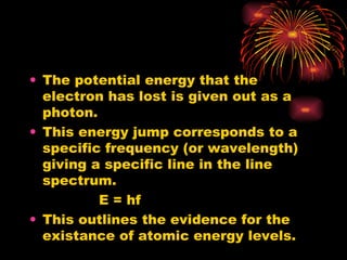 The potential energy that the electron has lost is given out as a photon. This energy jump corresponds to a specific frequency (or wavelength) giving a specific line in the line spectrum. E = hf This outlines the evidence for the existance of atomic energy levels. 