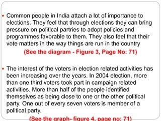  Common people in India attach a lot of importance to
elections. They feel that through elections they can bring
pressure on political partries to adopt policies and
programmes favorable to them. They also feel that their
vote matters in the way things are run in the country
(See the diagram - Figure 3, Page No: 71)
 The interest of the voters in election related activities has
been increasing over the years. In 2004 election, more
than one third voters took part in campaign related
activities. More than half of the people identified
themselves as being close to one or the other political
party. One out of every seven voters is member of a
political party.
(See the graph- figure 4, page no: 71)
 