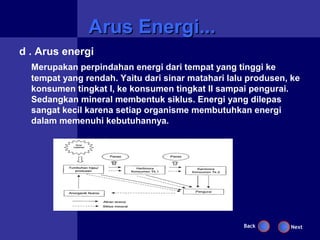 Arus Energi...
d . Arus energi
  Merupakan perpindahan energi dari tempat yang tinggi ke
  tempat yang rendah. Yaitu dari sinar matahari lalu produsen, ke
  konsumen tingkat I, ke konsumen tingkat II sampai pengurai.
  Sedangkan mineral membentuk siklus. Energi yang dilepas
  sangat kecil karena setiap organisme membutuhkan energi
  dalam memenuhi kebutuhannya.




                                                   Back       Next
 