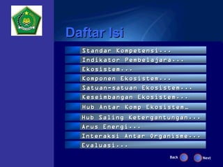 Daftar Isi
  Standar Kompetens i...
  Indikator Pembelajar a...
  Ekosistem...
  Komponen Ekosistem...
  Satuan-satuan Ekosistem...
  Keseimbangan Ekosistem...
  Hub Antar Komp Ekosistem …
  Hub Saling Ketergantungan...
  Arus Energi...
  Interaksi Antar Organisme...
  Evaluasi ...
                       Back      Next
 