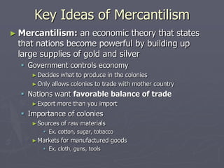 Triangular TradeManufactured goods (tools, guns, rum, and cloth) from Europe to   the coast of West AfricaSlaves from Africa to the American coloniesRaw materials (sugar, molasses, tobacco, and cotton) back to Europe