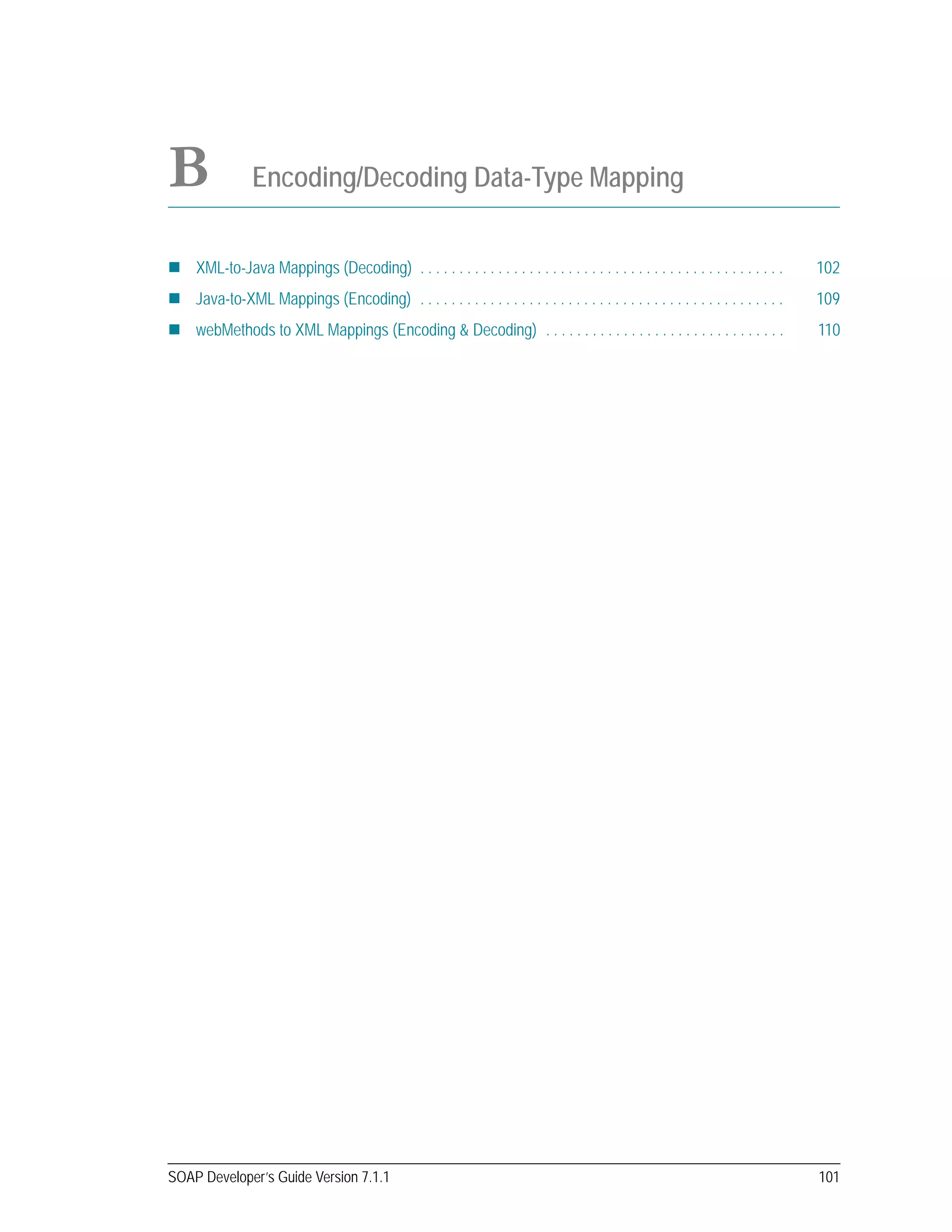 SOAP Developer’s Guide Version 7.1.1 101
B Encoding/Decoding Data-Type Mapping
XML-to-Java Mappings (Decoding) . . . . . . . . . . . . . . . . . . . . . . . . . . . . . . . . . . . . . . . . . . . . . . . 102
Java-to-XML Mappings (Encoding) . . . . . . . . . . . . . . . . . . . . . . . . . . . . . . . . . . . . . . . . . . . . . . . 109
webMethods to XML Mappings (Encoding & Decoding) . . . . . . . . . . . . . . . . . . . . . . . . . . . . . . . 110
 