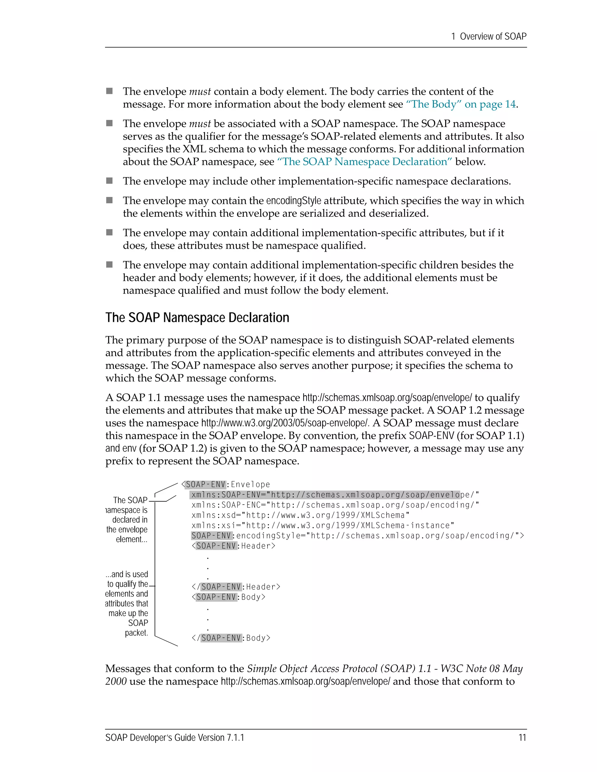 SOAP Developer’s Guide Version 7.1.1 11
1 Overview of SOAP
The envelope must contain a body element. The body carries the content of the 
message. For more information about the body element see “The Body” on page 14.
The envelope must be associated with a SOAP namespace. The SOAP namespace 
serves as the qualifier for the message’s SOAP‐related elements and attributes. It also 
specifies the XML schema to which the message conforms. For additional information 
about the SOAP namespace, see “The SOAP Namespace Declaration” below.
The envelope may include other implementation‐specific namespace declarations.
The envelope may contain the encodingStyle attribute, which specifies the way in which 
the elements within the envelope are serialized and deserialized.
The envelope may contain additional implementation‐specific attributes, but if it 
does, these attributes must be namespace qualified.
The envelope may contain additional implementation‐specific children besides the 
header and body elements; however, if it does, the additional elements must be 
namespace qualified and must follow the body element.
The SOAP Namespace Declaration
The primary purpose of the SOAP namespace is to distinguish SOAP‐related elements 
and attributes from the application‐specific elements and attributes conveyed in the 
message. The SOAP namespace also serves another purpose; it specifies the schema to 
which the SOAP message conforms. 
A SOAP 1.1 message uses the namespace http://schemas.xmlsoap.org/soap/envelope/ to qualify 
the elements and attributes that make up the SOAP message packet. A SOAP 1.2 message 
uses the namespace http://www.w3.org/2003/05/soap-envelope/. A SOAP message must declare 
this namespace in the SOAP envelope. By convention, the prefix SOAP-ENV (for SOAP 1.1)
and env (for SOAP 1.2) is given to the SOAP namespace; however, a message may use any 
prefix to represent the SOAP namespace.
Messages that conform to the Simple Object Access Protocol (SOAP) 1.1 ‐ W3C Note 08 May 
2000 use the namespace http://schemas.xmlsoap.org/soap/envelope/ and those that conform to 
...and is used
to qualify the
elements and
attributes that
make up the
SOAP
packet.
The SOAP
namespace is
declared in
the envelope
element...
<SOAP-ENV:Envelope
xmlns:SOAP-ENV="http://schemas.xmlsoap.org/soap/envelope/"
xmlns:SOAP-ENC="http://schemas.xmlsoap.org/soap/encoding/"
xmlns:xsd="http://www.w3.org/1999/XMLSchema"
xmlns:xsi="http://www.w3.org/1999/XMLSchema-instance"
SOAP-ENV:encodingStyle="http://schemas.xmlsoap.org/soap/encoding/">
<SOAP-ENV:Header>
.
.
.
</SOAP-ENV:Header>
<SOAP-ENV:Body>
.
.
.
</SOAP-ENV:Body>
 
