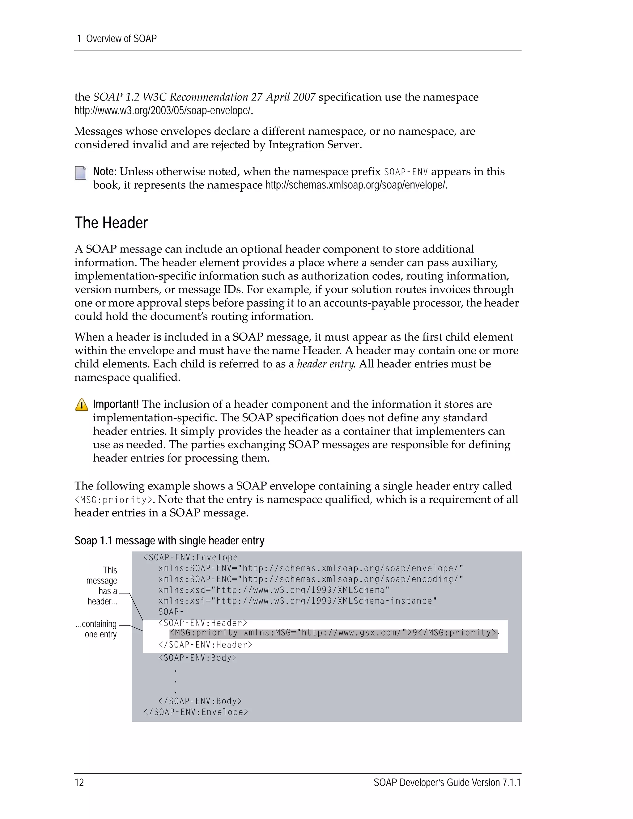 1 Overview of SOAP
12 SOAP Developer’s Guide Version 7.1.1
the SOAP 1.2 W3C Recommendation 27 April 2007 specification use the namespace 
http://www.w3.org/2003/05/soap-envelope/.
Messages whose envelopes declare a different namespace, or no namespace, are 
considered invalid and are rejected by Integration Server.
The Header
A SOAP message can include an optional header component to store additional 
information. The header element provides a place where a sender can pass auxiliary, 
implementation‐specific information such as authorization codes, routing information, 
version numbers, or message IDs. For example, if your solution routes invoices through 
one or more approval steps before passing it to an accounts‐payable processor, the header 
could hold the document’s routing information.
When a header is included in a SOAP message, it must appear as the first child element 
within the envelope and must have the name Header. A header may contain one or more 
child elements. Each child is referred to as a header entry. All header entries must be 
namespace qualified.
The following example shows a SOAP envelope containing a single header entry called 
<MSG:priority>. Note that the entry is namespace qualified, which is a requirement of all 
header entries in a SOAP message.
Soap 1.1 message with single header entry 
Note: Unless otherwise noted, when the namespace prefix SOAP-ENV appears in this 
book, it represents the namespace http://schemas.xmlsoap.org/soap/envelope/.
Important! The inclusion of a header component and the information it stores are 
implementation‐specific. The SOAP specification does not define any standard 
header entries. It simply provides the header as a container that implementers can 
use as needed. The parties exchanging SOAP messages are responsible for defining 
header entries for processing them.
<SOAP-ENV:Header>
<MSG:priority xmlns:MSG="http://www.gsx.com/">9</MSG:priority>
</SOAP-ENV:Header>
This
message
has a
header...
...containing
one entry
<SOAP-ENV:Envelope
xmlns:SOAP-ENV="http://schemas.xmlsoap.org/soap/envelope/"
xmlns:SOAP-ENC="http://schemas.xmlsoap.org/soap/encoding/"
xmlns:xsd="http://www.w3.org/1999/XMLSchema"
xmlns:xsi="http://www.w3.org/1999/XMLSchema-instance"
SOAP-
<SOAP-ENV:Body>
.
.
.
</SOAP-ENV:Body>
</SOAP-ENV:Envelope>
<MSG:priority xmlns:MSG="http://www.gsx.com/">9</MSG:priority>
 