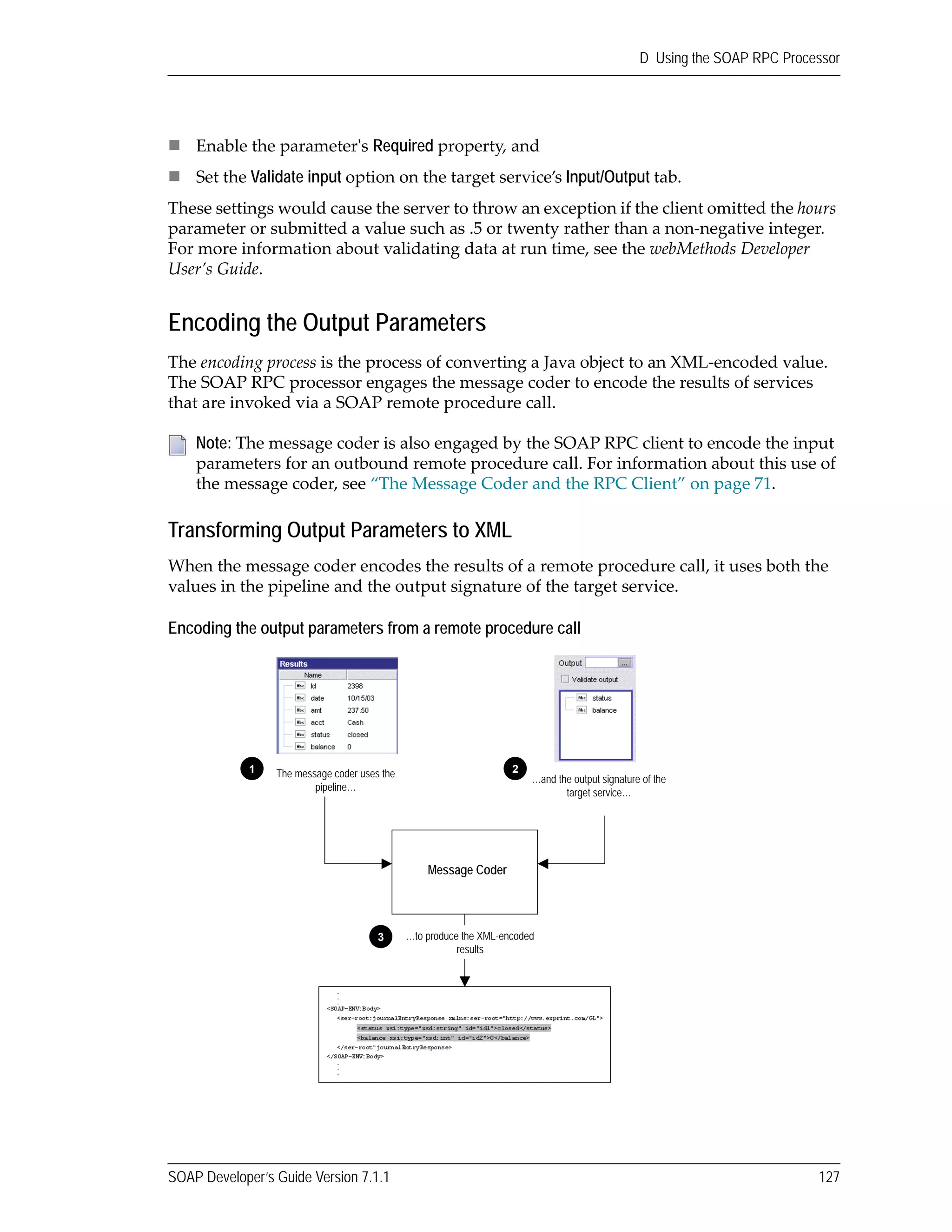 SOAP Developer’s Guide Version 7.1.1 127
D Using the SOAP RPC Processor
Enable the parameterʹs Required property, and
Set the Validate input option on the target service’s Input/Output tab.
These settings would cause the server to throw an exception if the client omitted the hours 
parameter or submitted a value such as .5 or twenty rather than a non‐negative integer. 
For more information about validating data at run time, see the webMethods Developer 
User’s Guide.
Encoding the Output Parameters
The encoding process is the process of converting a Java object to an XML‐encoded value. 
The SOAP RPC processor engages the message coder to encode the results of services 
that are invoked via a SOAP remote procedure call.
Transforming Output Parameters to XML
When the message coder encodes the results of a remote procedure call, it uses both the 
values in the pipeline and the output signature of the target service.
Encoding the output parameters from a remote procedure call
Note: The message coder is also engaged by the SOAP RPC client to encode the input 
parameters for an outbound remote procedure call. For information about this use of 
the message coder, see “The Message Coder and the RPC Client” on page 71.
Message Coder
The message coder uses the
pipeline…
…and the output signature of the
target service…
…to produce the XML-encoded
results
1 2
3
 