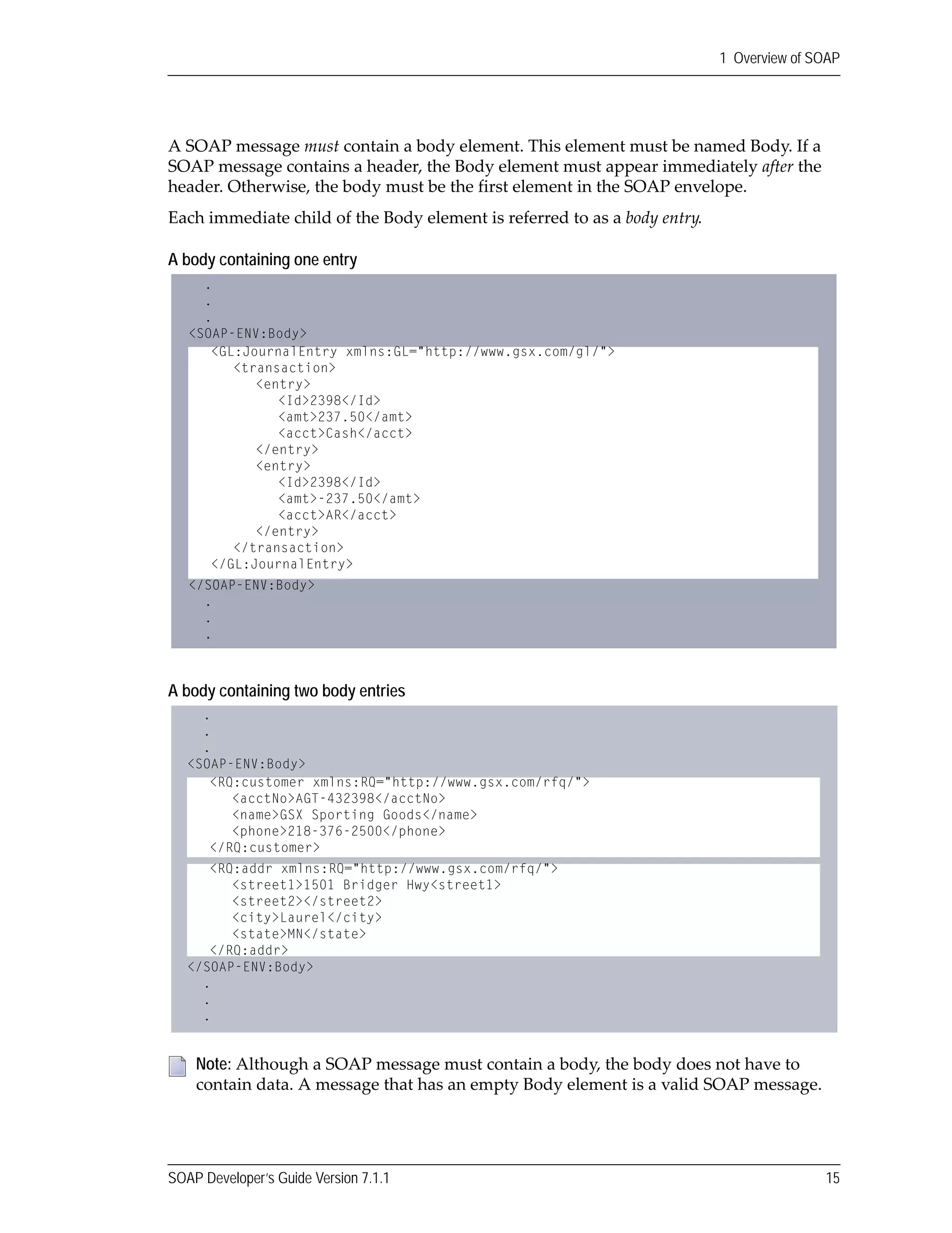 SOAP Developer’s Guide Version 7.1.1 15
1 Overview of SOAP
A SOAP message must contain a body element. This element must be named Body. If a 
SOAP message contains a header, the Body element must appear immediately after the 
header. Otherwise, the body must be the first element in the SOAP envelope. 
Each immediate child of the Body element is referred to as a body entry.
A body containing one entry
A body containing two body entries
Note: Although a SOAP message must contain a body, the body does not have to 
contain data. A message that has an empty Body element is a valid SOAP message.
.
.
.
<SOAP-ENV:Body>
<GL:JournalEntry xmlns:GL="http://www.gsx.com/gl/">
<transaction>
<entry>
<Id>2398</Id>
<amt>237.50</amt>
<acct>Cash</acct>
</entry>
<entry>
<Id>2398</Id>
<amt>-237.50</amt>
<acct>AR</acct>
</entry>
</transaction>
</GL:JournalEntry>
</SOAP-ENV:Body>
.
.
.
.
.
.
<SOAP-ENV:Body>
<RQ:addr xmlns:RQ="http://www.gsx.com/rfq/">
<street1>1501 Bridger Hwy<street1>
<street2></street2>
<city>Laurel</city>
<state>MN</state>
</RQ:addr>
<RQ:customer xmlns:RQ="http://www.gsx.com/rfq/">
<acctNo>AGT-432398</acctNo>
<name>GSX Sporting Goods</name>
<phone>218-376-2500</phone>
</RQ:customer>
</SOAP-ENV:Body>
.
.
.
 