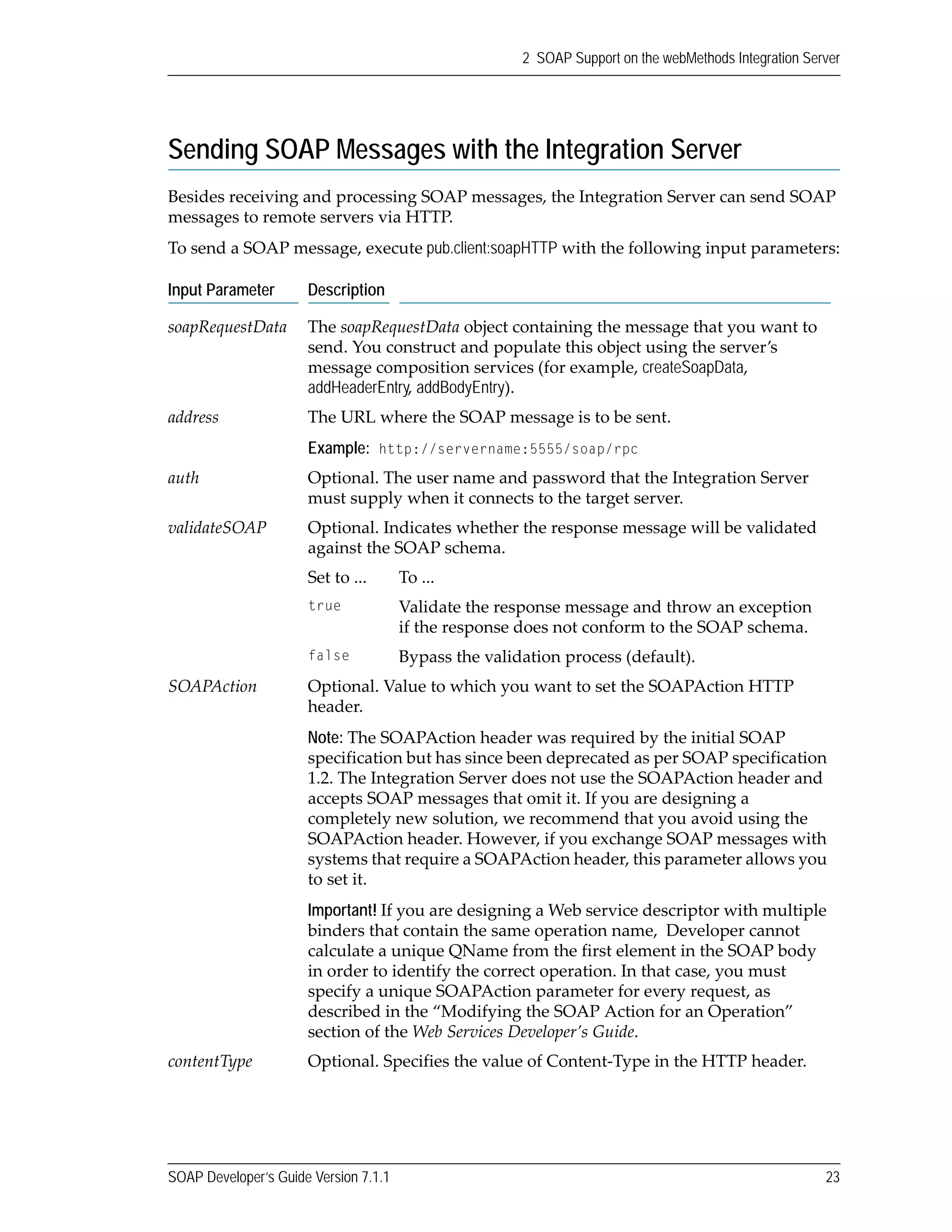 SOAP Developer’s Guide Version 7.1.1 23
2 SOAP Support on the webMethods Integration Server
Sending SOAP Messages with the Integration Server
Besides receiving and processing SOAP messages, the Integration Server can send SOAP 
messages to remote servers via HTTP. 
To send a SOAP message, execute pub.client:soapHTTP with the following input parameters:
Input Parameter Description
soapRequestData The soapRequestData object containing the message that you want to 
send. You construct and populate this object using the server’s 
message composition services (for example, createSoapData, 
addHeaderEntry, addBodyEntry).
address The URL where the SOAP message is to be sent.
Example: http://servername:5555/soap/rpc
auth Optional. The user name and password that the Integration Server 
must supply when it connects to the target server.
validateSOAP Optional. Indicates whether the response message will be validated 
against the SOAP schema. 
Set to ...    To ... 
true Validate the response message and throw an exception 
if the response does not conform to the SOAP schema.
false Bypass the validation process (default).
SOAPAction Optional. Value to which you want to set the SOAPAction HTTP 
header.
Note: The SOAPAction header was required by the initial SOAP 
specification but has since been deprecated as per SOAP specification 
1.2. The Integration Server does not use the SOAPAction header and 
accepts SOAP messages that omit it. If you are designing a 
completely new solution, we recommend that you avoid using the 
SOAPAction header. However, if you exchange SOAP messages with 
systems that require a SOAPAction header, this parameter allows you 
to set it. 
Important! If you are designing a Web service descriptor with multiple 
binders that contain the same operation name,  Developer cannot 
calculate a unique QName from the first element in the SOAP body 
in order to identify the correct operation. In that case, you must 
specify a unique SOAPAction parameter for every request, as 
described in the “Modifying the SOAP Action for an Operation” 
section of the Web Services Developer’s Guide. 
contentType Optional. Specifies the value of Content‐Type in the HTTP header. 
 