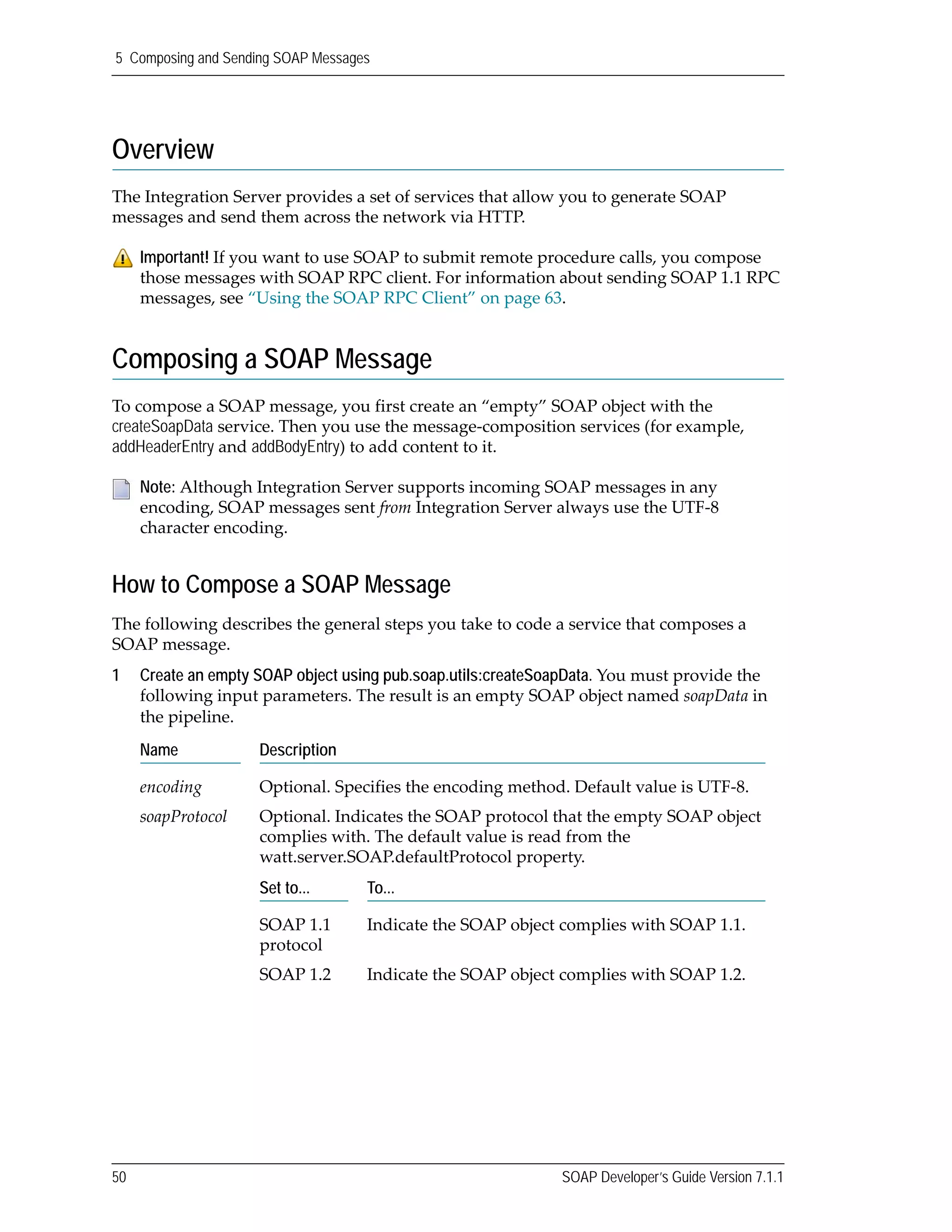 5 Composing and Sending SOAP Messages
50 SOAP Developer’s Guide Version 7.1.1
Overview
The Integration Server provides a set of services that allow you to generate SOAP 
messages and send them across the network via HTTP.
Composing a SOAP Message
To compose a SOAP message, you first create an “empty” SOAP object with the 
createSoapData service. Then you use the message‐composition services (for example, 
addHeaderEntry and addBodyEntry) to add content to it.
How to Compose a SOAP Message
The following describes the general steps you take to code a service that composes a 
SOAP message.
1 Create an empty SOAP object using pub.soap.utils:createSoapData. You must provide the 
following input parameters. The result is an empty SOAP object named soapData in 
the pipeline.
Important! If you want to use SOAP to submit remote procedure calls, you compose 
those messages with SOAP RPC client. For information about sending SOAP 1.1 RPC 
messages, see “Using the SOAP RPC Client” on page 63. 
Note: Although Integration Server supports incoming SOAP messages in any 
encoding, SOAP messages sent from Integration Server always use the UTF‐8 
character encoding.
Name Description
encoding Optional. Specifies the encoding method. Default value is UTF‐8.
soapProtocol Optional. Indicates the SOAP protocol that the empty SOAP object 
complies with. The default value is read from the 
watt.server.SOAP.defaultProtocol property.
Set to... To...
SOAP 1.1 
protocol
Indicate the SOAP object complies with SOAP 1.1.
SOAP 1.2 Indicate the SOAP object complies with SOAP 1.2.
 