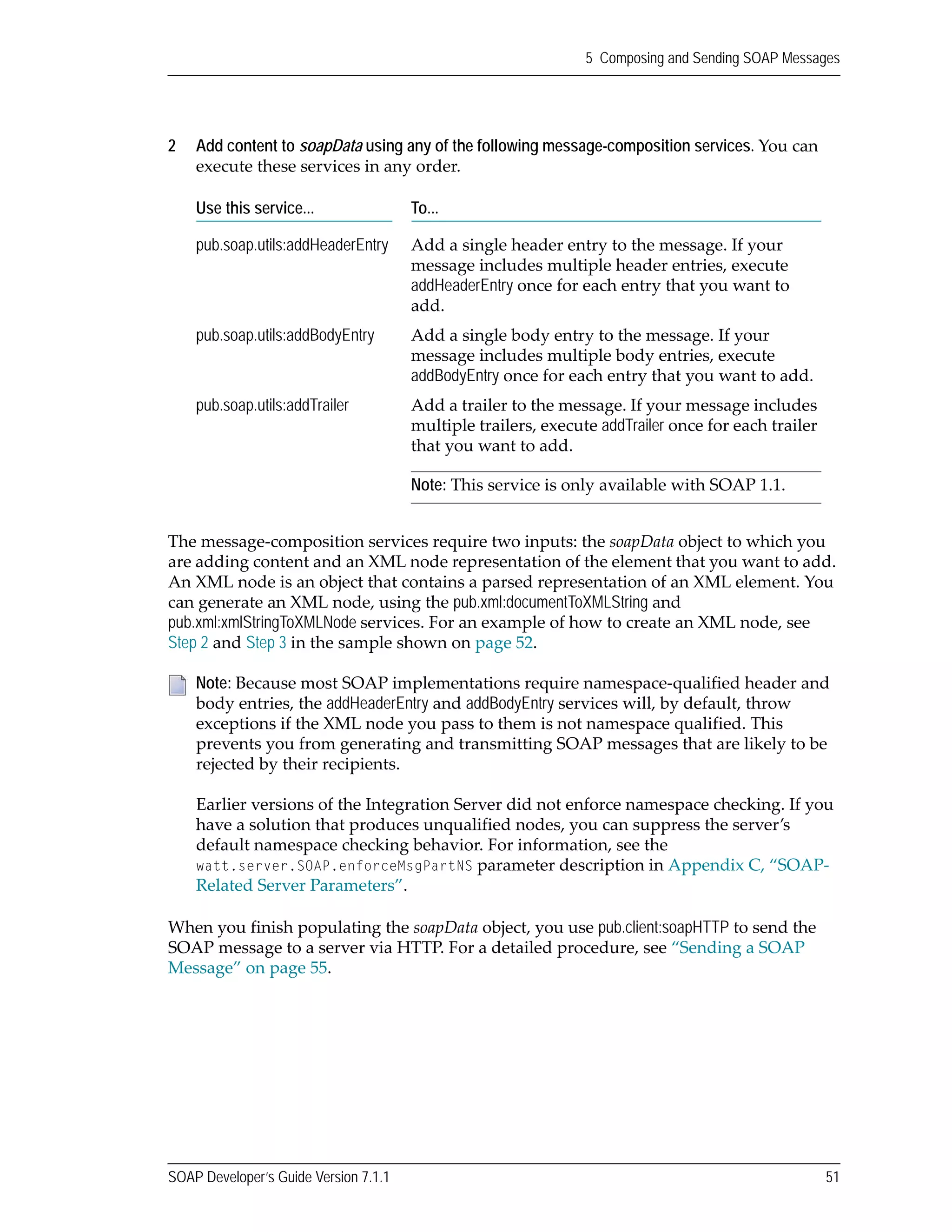 SOAP Developer’s Guide Version 7.1.1 51
5 Composing and Sending SOAP Messages
2 Add content to soapData using any of the following message-composition services. You can 
execute these services in any order.
The message‐composition services require two inputs: the soapData object to which you 
are adding content and an XML node representation of the element that you want to add. 
An XML node is an object that contains a parsed representation of an XML element. You 
can generate an XML node, using the pub.xml:documentToXMLString and 
pub.xml:xmlStringToXMLNode services. For an example of how to create an XML node, see 
Step 2 and Step 3 in the sample shown on page 52.
When you finish populating the soapData object, you use pub.client:soapHTTP to send the 
SOAP message to a server via HTTP. For a detailed procedure, see “Sending a SOAP 
Message” on page 55.
Use this service... To...
pub.soap.utils:addHeaderEntry Add a single header entry to the message. If your 
message includes multiple header entries, execute 
addHeaderEntry once for each entry that you want to 
add. 
pub.soap.utils:addBodyEntry Add a single body entry to the message. If your 
message includes multiple body entries, execute 
addBodyEntry once for each entry that you want to add.
pub.soap.utils:addTrailer Add a trailer to the message. If your message includes 
multiple trailers, execute addTrailer once for each trailer 
that you want to add. 
Note: This service is only available with SOAP 1.1.
Note: Because most SOAP implementations require namespace‐qualified header and 
body entries, the addHeaderEntry and addBodyEntry services will, by default, throw 
exceptions if the XML node you pass to them is not namespace qualified. This 
prevents you from generating and transmitting SOAP messages that are likely to be 
rejected by their recipients. 
Earlier versions of the Integration Server did not enforce namespace checking. If you 
have a solution that produces unqualified nodes, you can suppress the server’s 
default namespace checking behavior. For information, see the 
watt.server.SOAP.enforceMsgPartNS parameter description in Appendix C, “SOAP‐
Related Server Parameters”.
 
